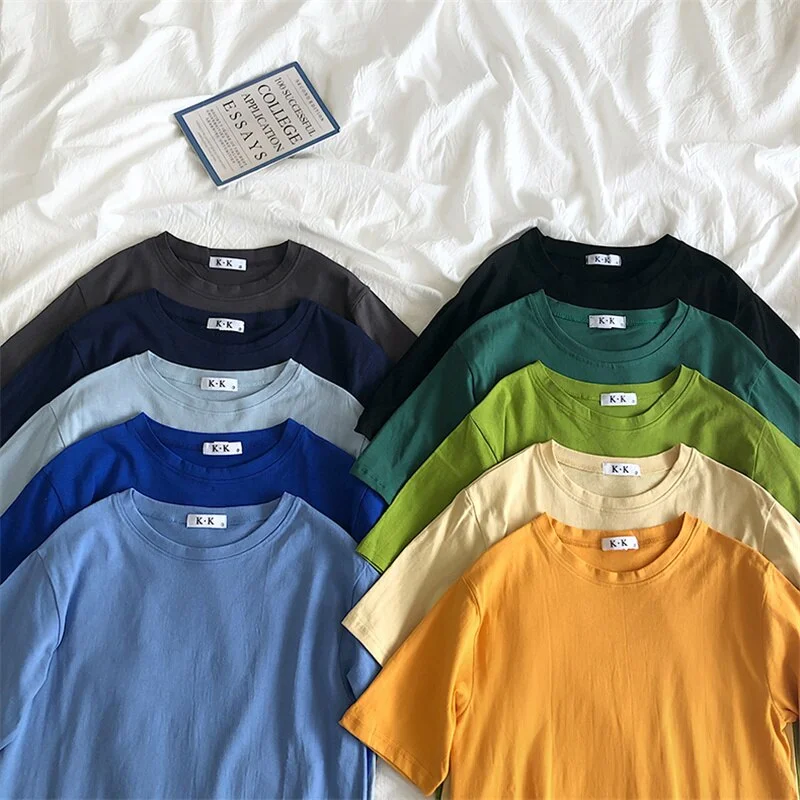 Summer Tee Shirt Solid Color Basic T-Shirt Women Casual O-neck Harajuku Top Korean Hipster Cotton Basic Tshirt