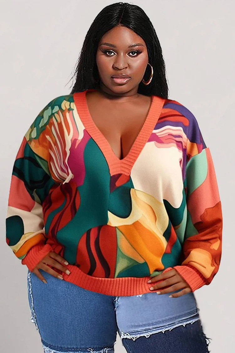 Plus Size Daily Sweaters Orange V Neck All Over Print Long Sleeve Knitted Sweaters [Pre-Order]