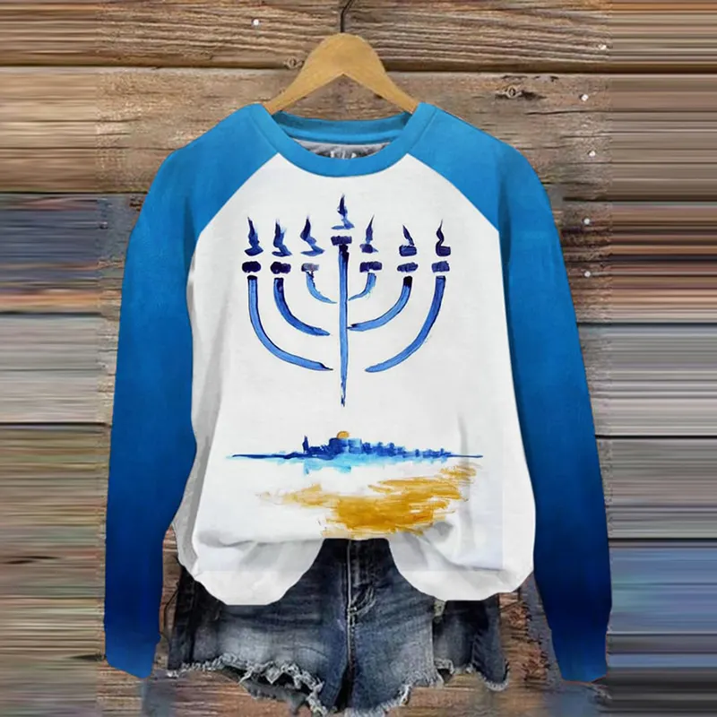 Women's Watercolor Hanukkah Menorah Casual Sweatshirt