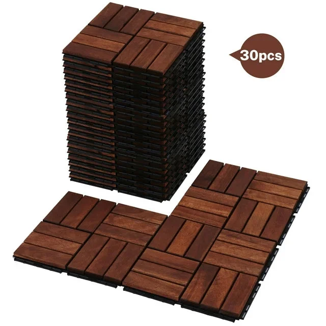 BTMWAY Outdoor Wood Interlocking Flooring Tiles, 12"x12" Solid Acacia Wood Patio Deck Tiles, All-Weather Waterproof Composite Decking Floor Tiles for Backyard Balcony, Square Tiles Pack of 30, Brown