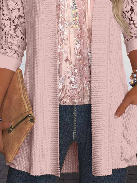 Women Long Sleeve Scoop Neck Floral Printed Printed Graphic Pockets Lace Two-Pieced Tops