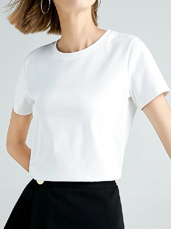 Simple Loose Short Sleeves Solid Color Round-Neck T-Shirts Tops