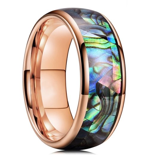 Tungsten Domed Black Gold Rings and Multi Color Rainbow Abalone Shell Inlay Tungsten Carbide Wedding Bands Women Mens
