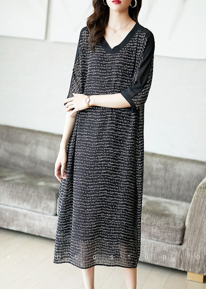 VCSHOES Loose Black V Neck Letter Print Chiffon Long Dresses Half Sleeve