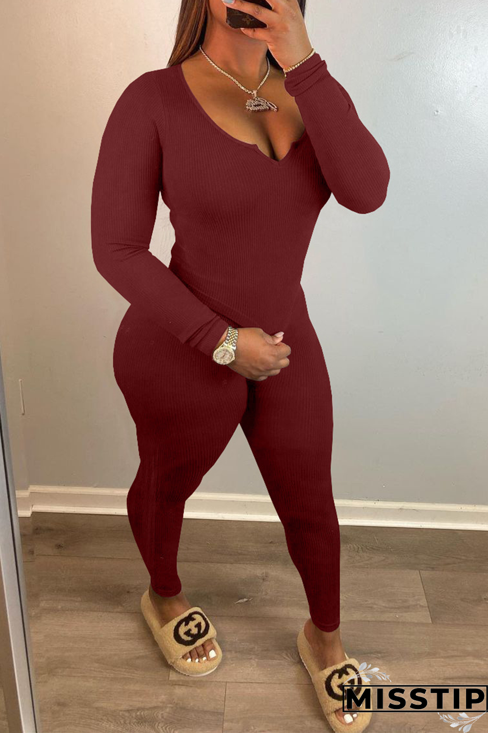 Burgundy Casual Solid Patchwork V Neck Long Sleeve Two Pieces