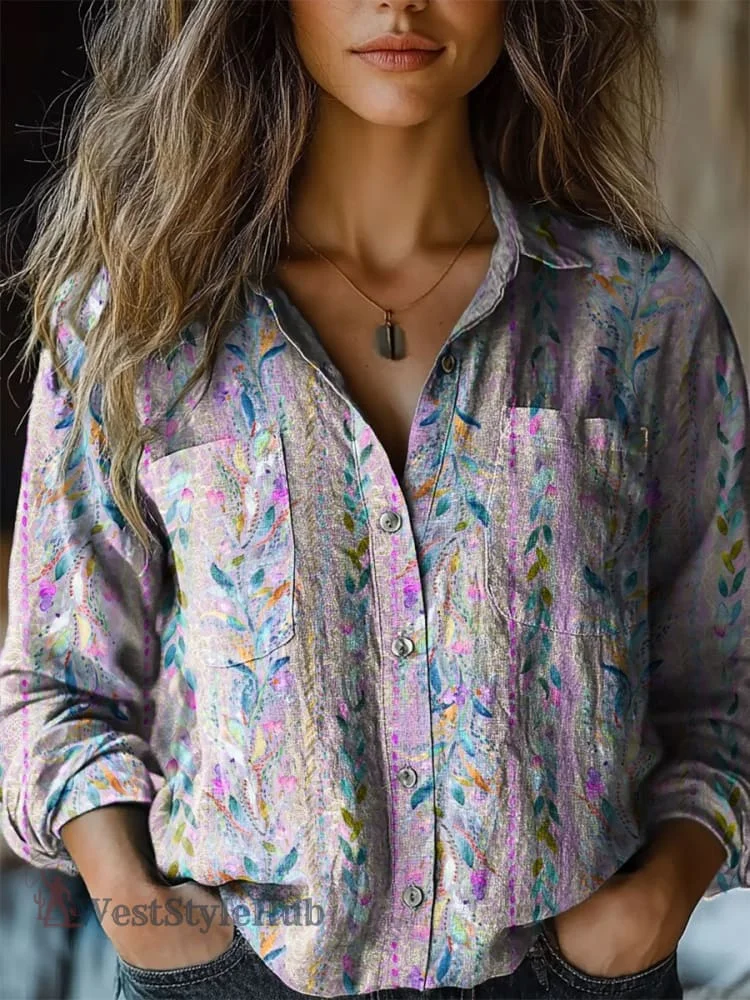 Womens Floral Art Print Casual Long Sleeve Comfortable Cotton Shirt