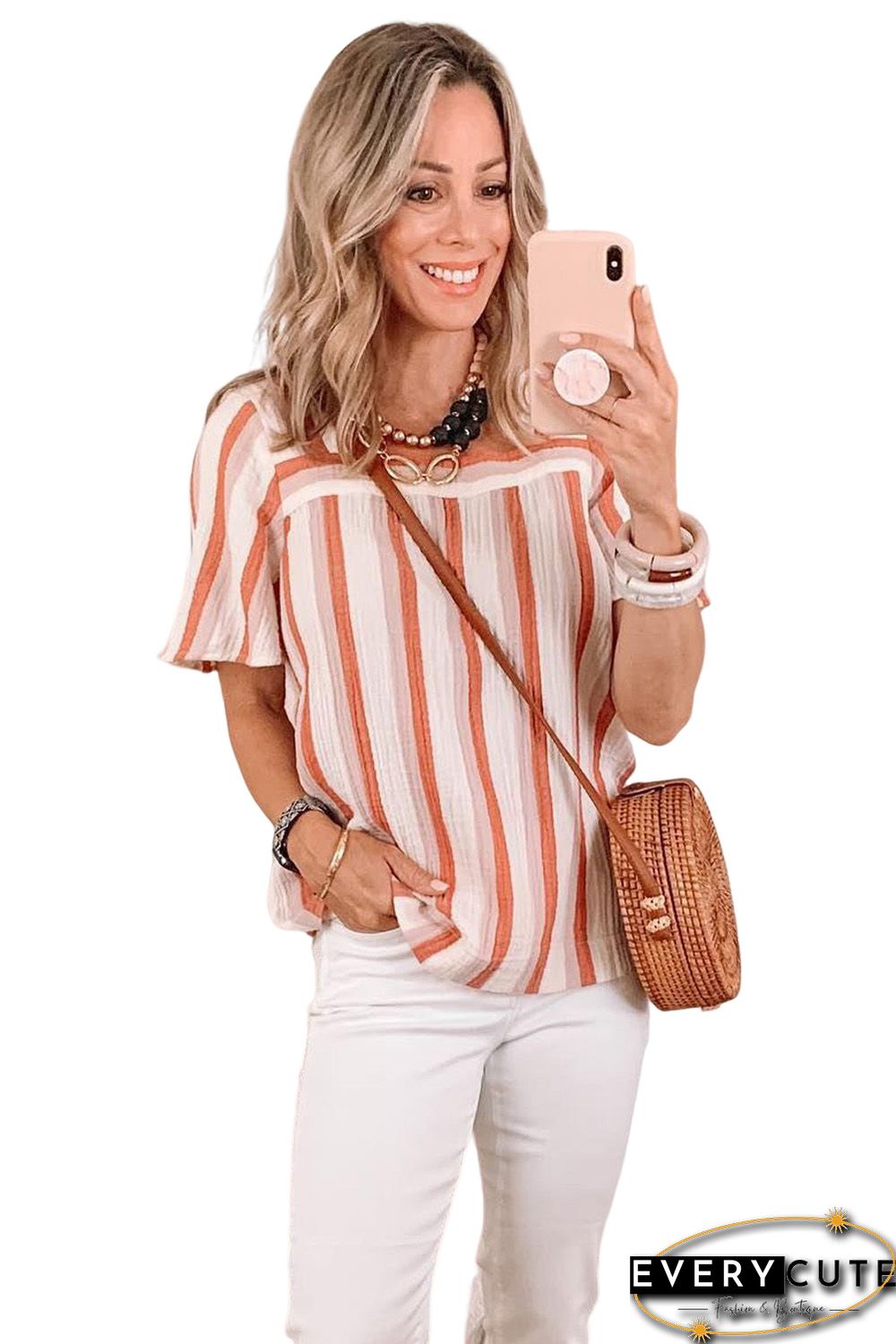 Orange Striped Buttoned Back Square Neck Blouse