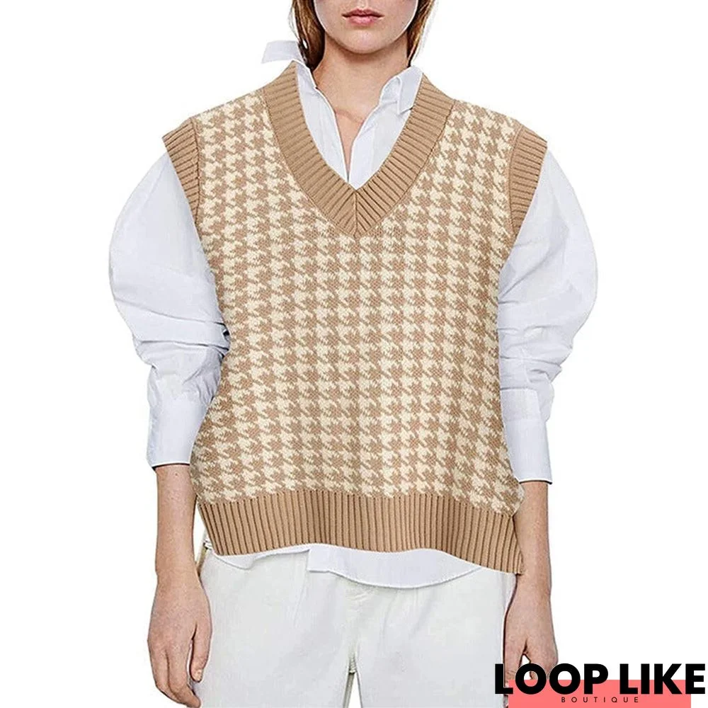Urban Casual V-Neck Pullover Ladies Sweater Plaid Small Waistcoat