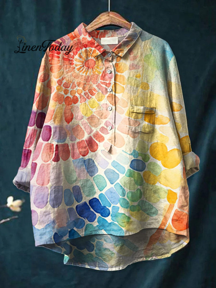 Women’s Abstract Geometric Art Print Casual Cotton And Linen Shirt Multicolor / S