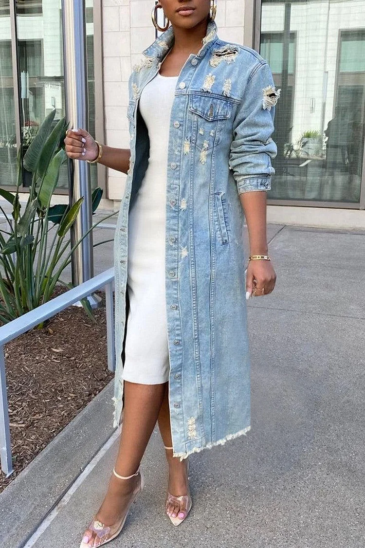 Plus Size Blue Casual Blue Ripped Turndown Collar Long Sleeve Regular Jean Ankle Length Outerwear Coat