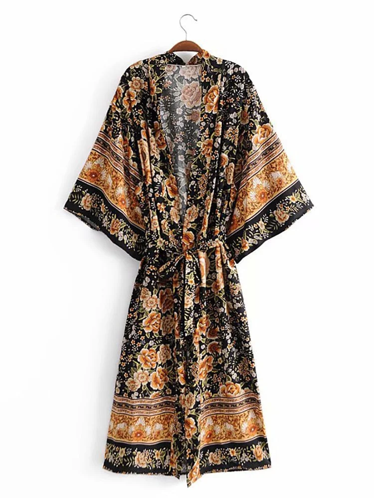 Fitshinling Cotton Vintage Kimono Autumn Slim Beach Cover-Up With Sashes Bohemian Print Floral Sexy Bathrobe Long Cardigan Women