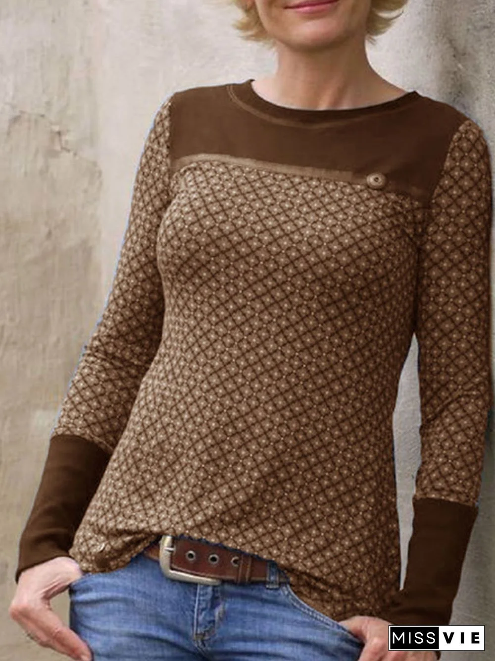 Round Neck Long Sleeve Casual Cotton-Blend Tops