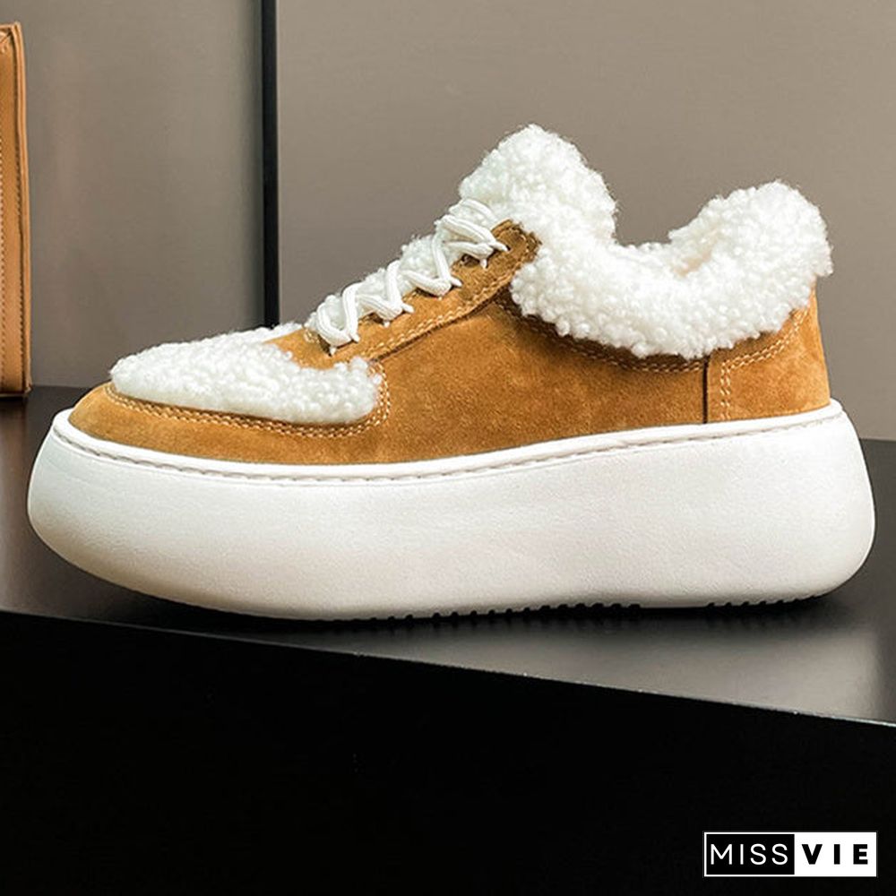 Women's Casual Colorblock Shoelace Round Toe Flat Sole Plush Shoes