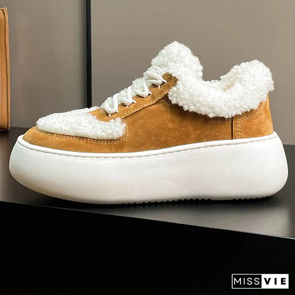 Women's Casual Colorblock Shoelace Round Toe Flat Sole Plush Shoes