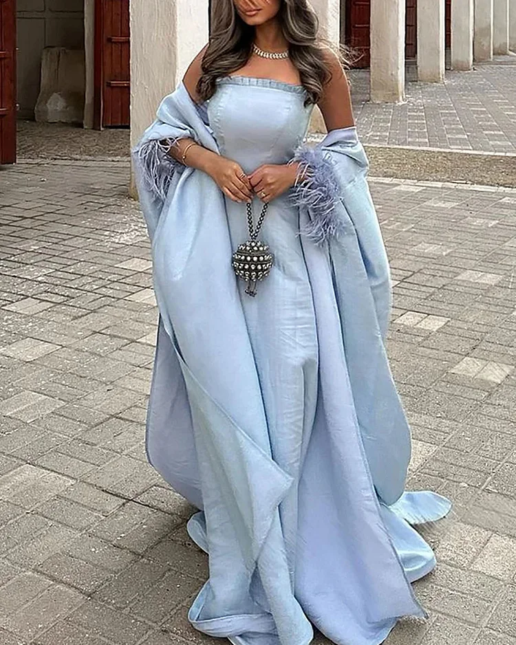  Simple Solid Color Strapless Dress and Tunic Set