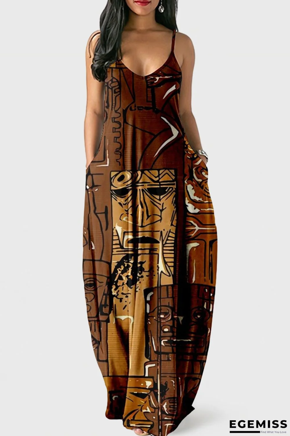 Coffee Fashion Sexy Print Backless Spaghetti Strap Long Dress | EGEMISS