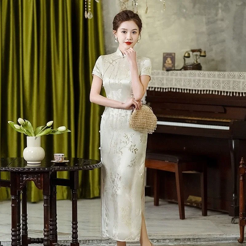 Bamboo leaf pattern, high-end, jacquard silk Cheongsam