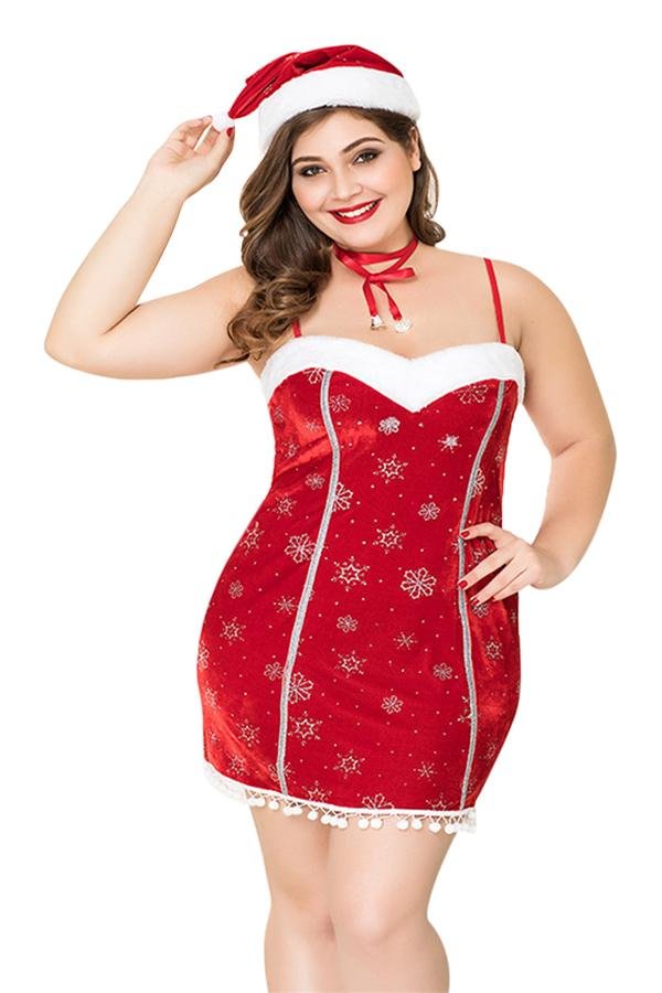 Plus Size Snowflake Dress Christmas Santa Costume Red-elleschic