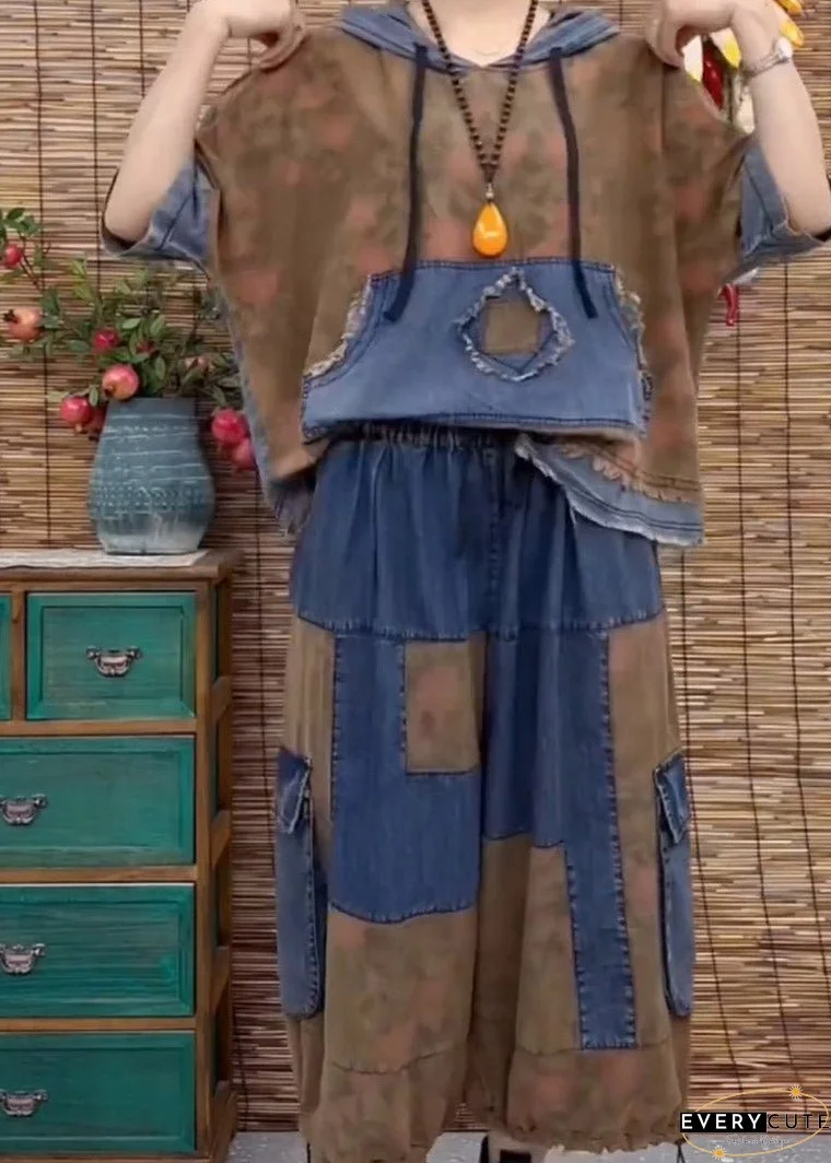 Plus Size Blue Patchwork Hooded Top And Wide Leg Pants Two Pieces Set Summer