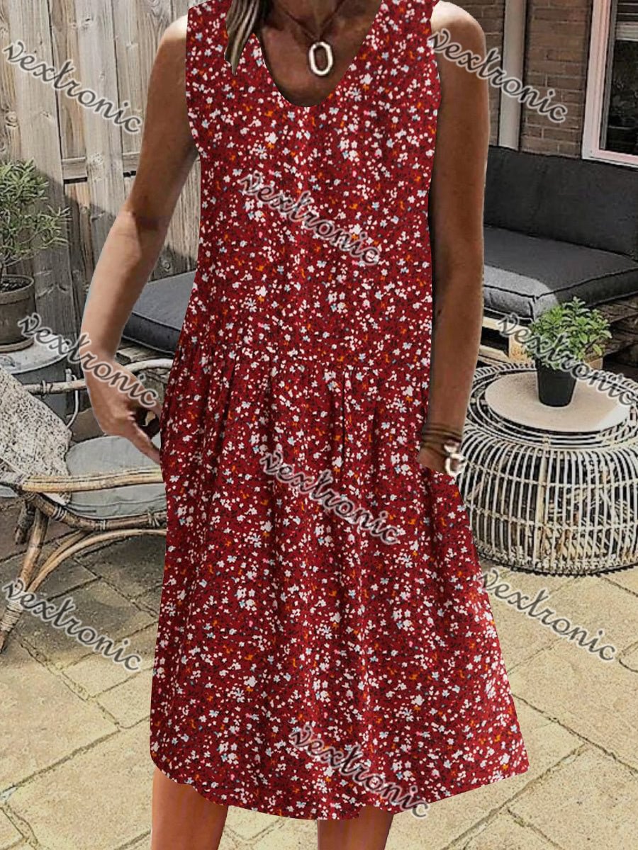 Women's Red Sleeveless V-neck Graphic Floral Printed Midi Dress
