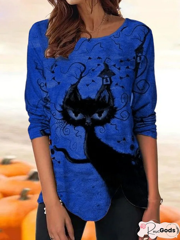 Casual Autumn Cat Loose Halloween Long Sleeve Regular Medium Elasticity Tops For Women