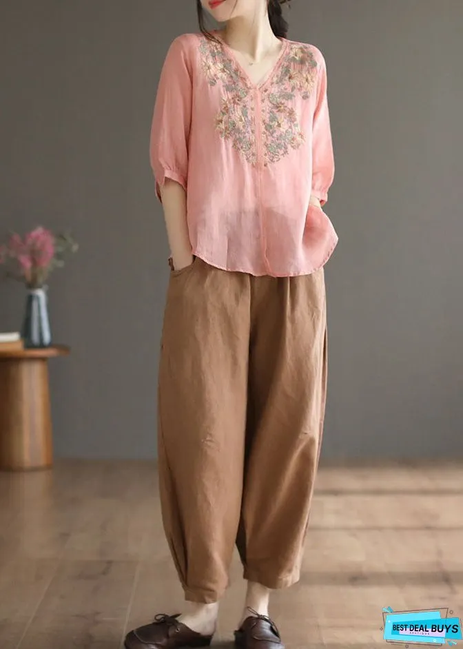 Unique Pink Embroidered Patchwork Linen Tops Half Sleeve