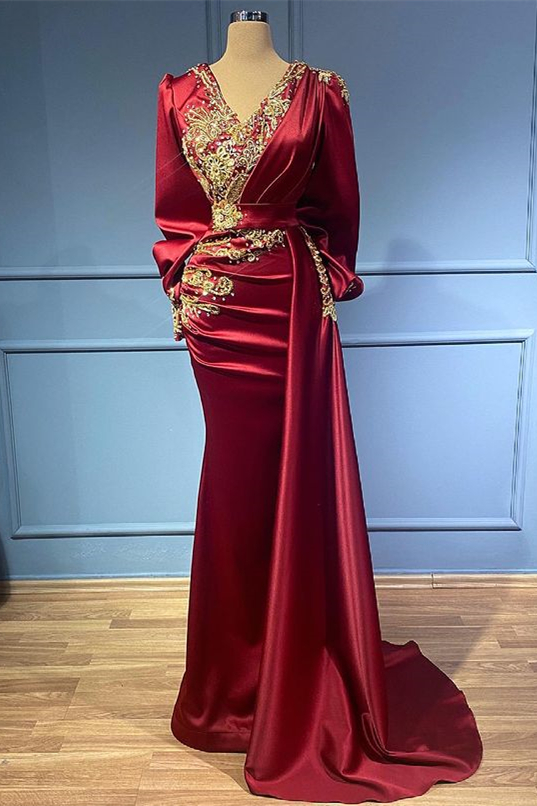 Oknass Burgundy Mermaid Long Sleeves Beads Ruffles Evening Dress With Appliques