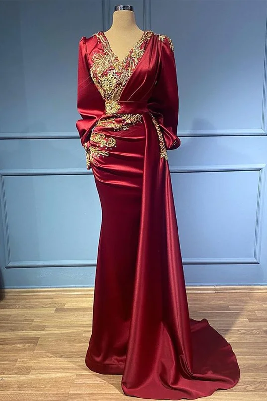 Burgundy Long Sleeves Beads Mermaid Ruffles Evening Dress With Appliques ED0079