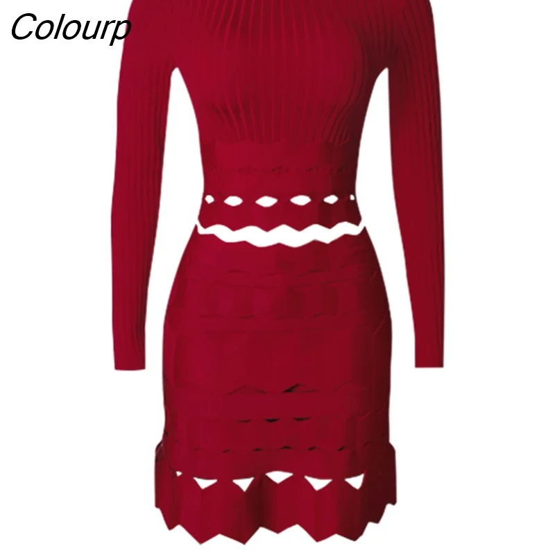 Colourp Summer Women 3 Colors Knitted Sexy O Neck Hollow Out Long Sleeve Top And Buttock Skirt Party Nightclub Sets