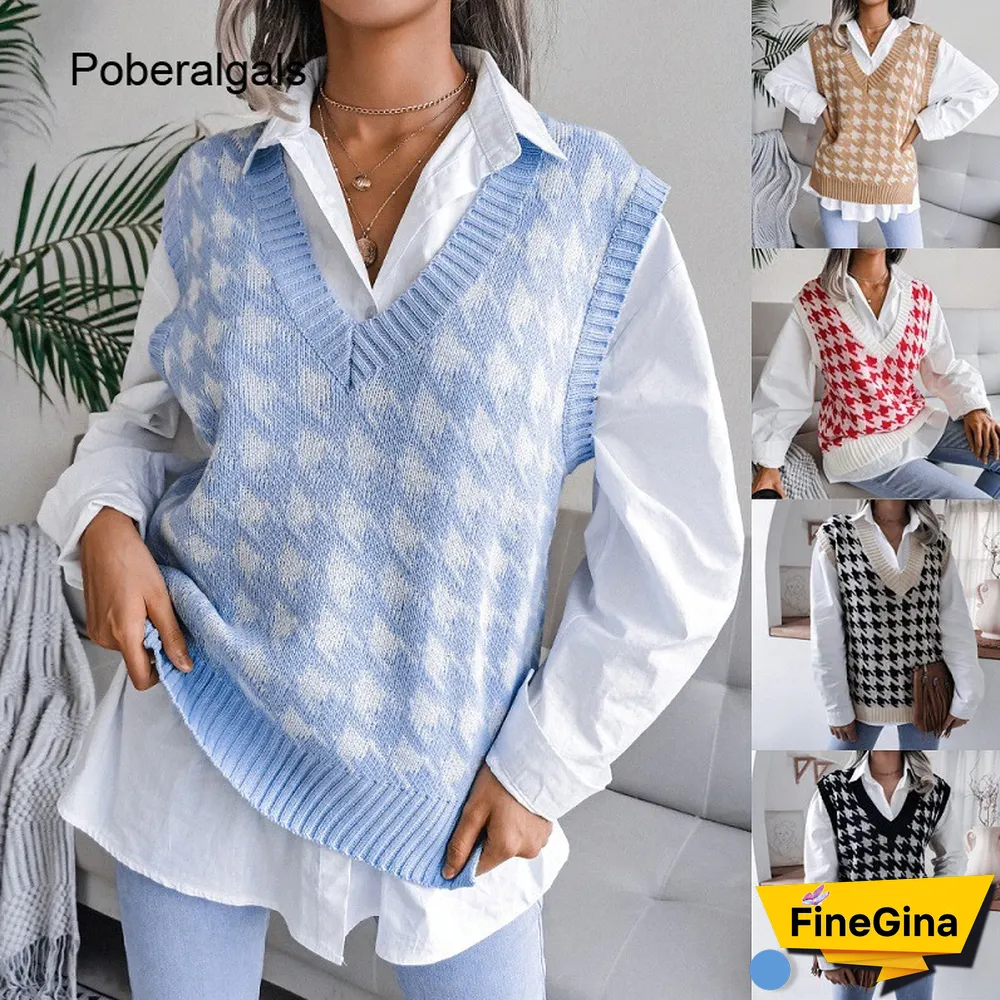 Women's Houndstooth Knit Sweater Vest Autumn New Loose V-neck Sleeveless Elegant Fashion Casual Vest Sweaters Pullover