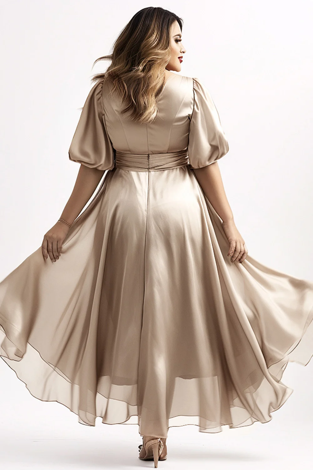Flycurvy Plus Size Wedding Guest Champagne Satin Puff Sleeve High Low Hem Maxi  Dress- Flycurvy