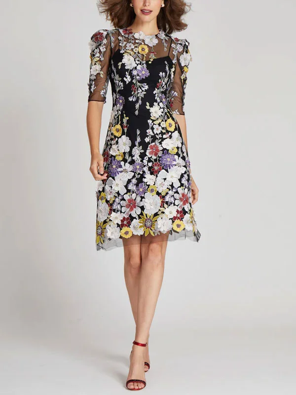 Elbow Sleeve 3D Flower Embroidered Tulle Dress