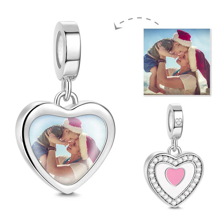 925 Sterling Silver Photo Dangle Charm Little Pink Heart