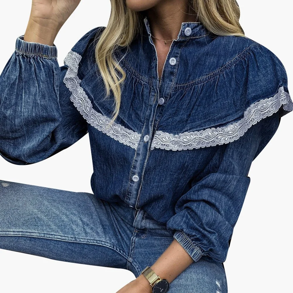 Sale Women Fashion Blue Denim Shirts Autumn Spring Casual Long Sleeve Solid Lace Patchwork Turn-Down Collar Tops For Lady D30