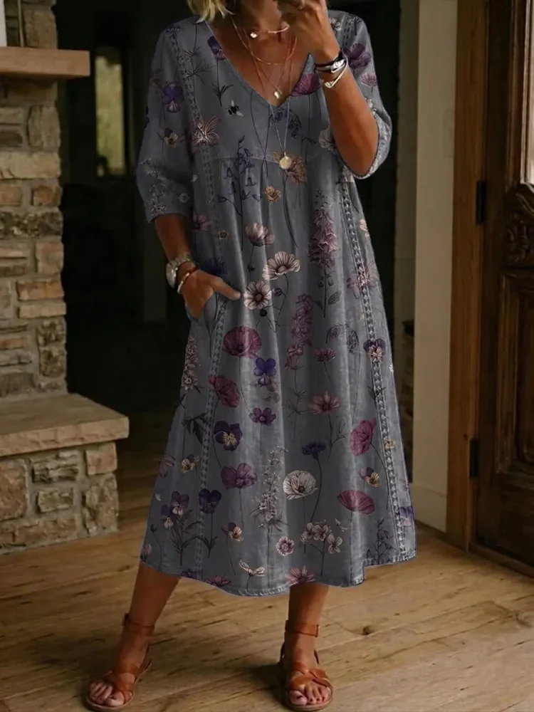 Women's Retro Flower Pattern Print Cotton-linen Dress