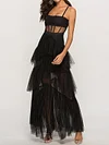 Spaghetti-Neck Empire Split-Joint See-Through A-Line Maxi Dress