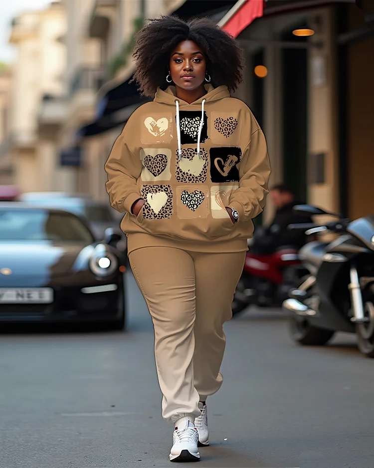 Women's Plus Size Heart Leopard Print Hoodie and Gradient Casual Pants Set