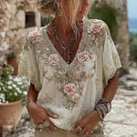 Women's Pink Roses Embroidered Art V-neck Short Sleeve Linen Blend T-shirt - Image 4