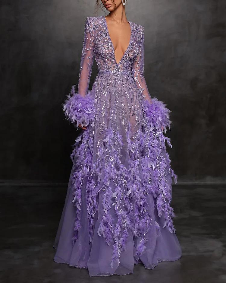 Deep V Sequin Feather Maxi Dress Gown