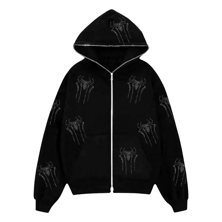 Rhinestones Spider Print Y2k Men's  Full Zip Up Oversized Black Hoodie-VESSFUL