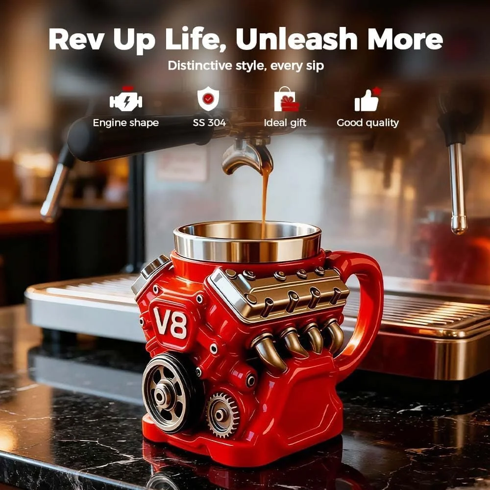 V8 engine-shaped coffee mug, retro style, made of stainless steel, customizable, double-walled design, insulated for car use, with handle, the perfect gift for Father's Day, Christmas, or for your husband or boyfriend (red, 1 piece).
