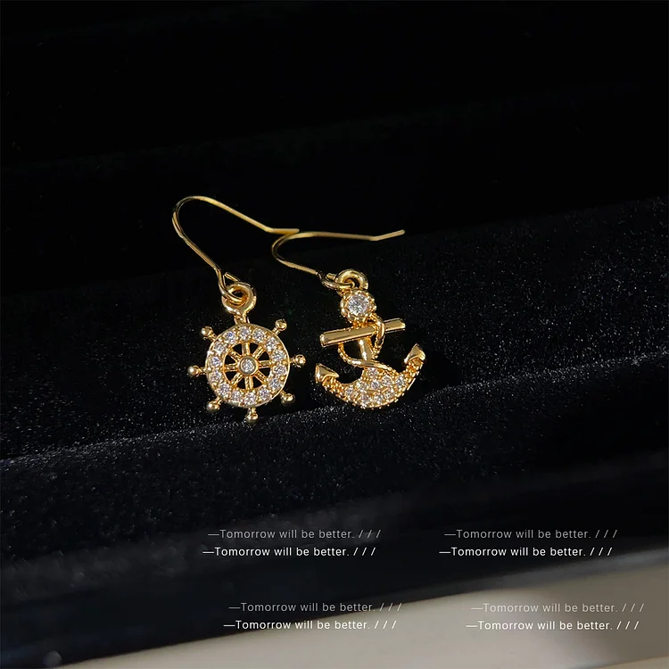 Asymmetric Ship Anchor And Rudder Zircon Earrings