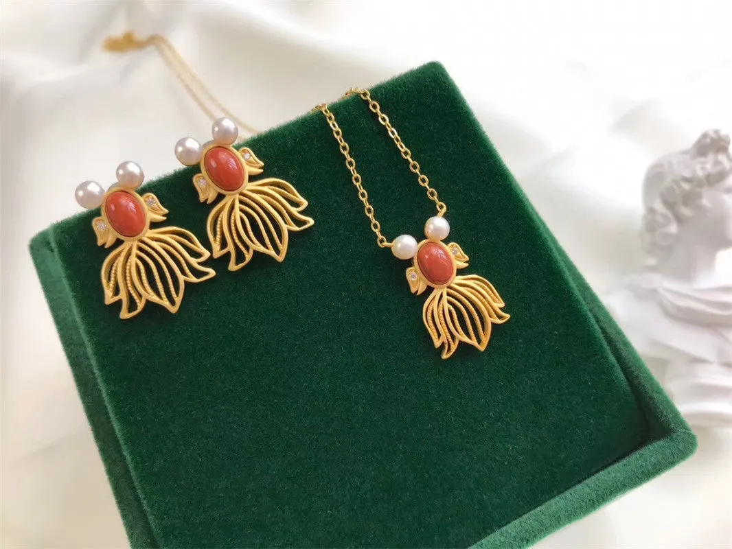 Cute Goldfish Red Agate Pearl Lucky Chain Necklace Earrings Set