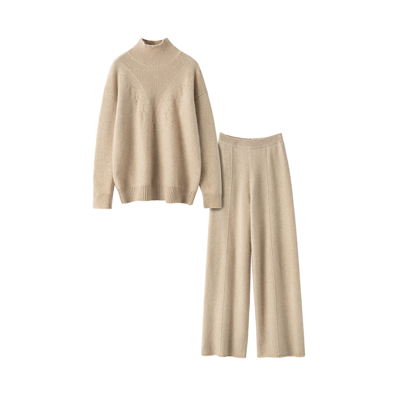 Beige Turtleneck Women's Cashmere Sweater And Pants Set REAL SILK LIFE