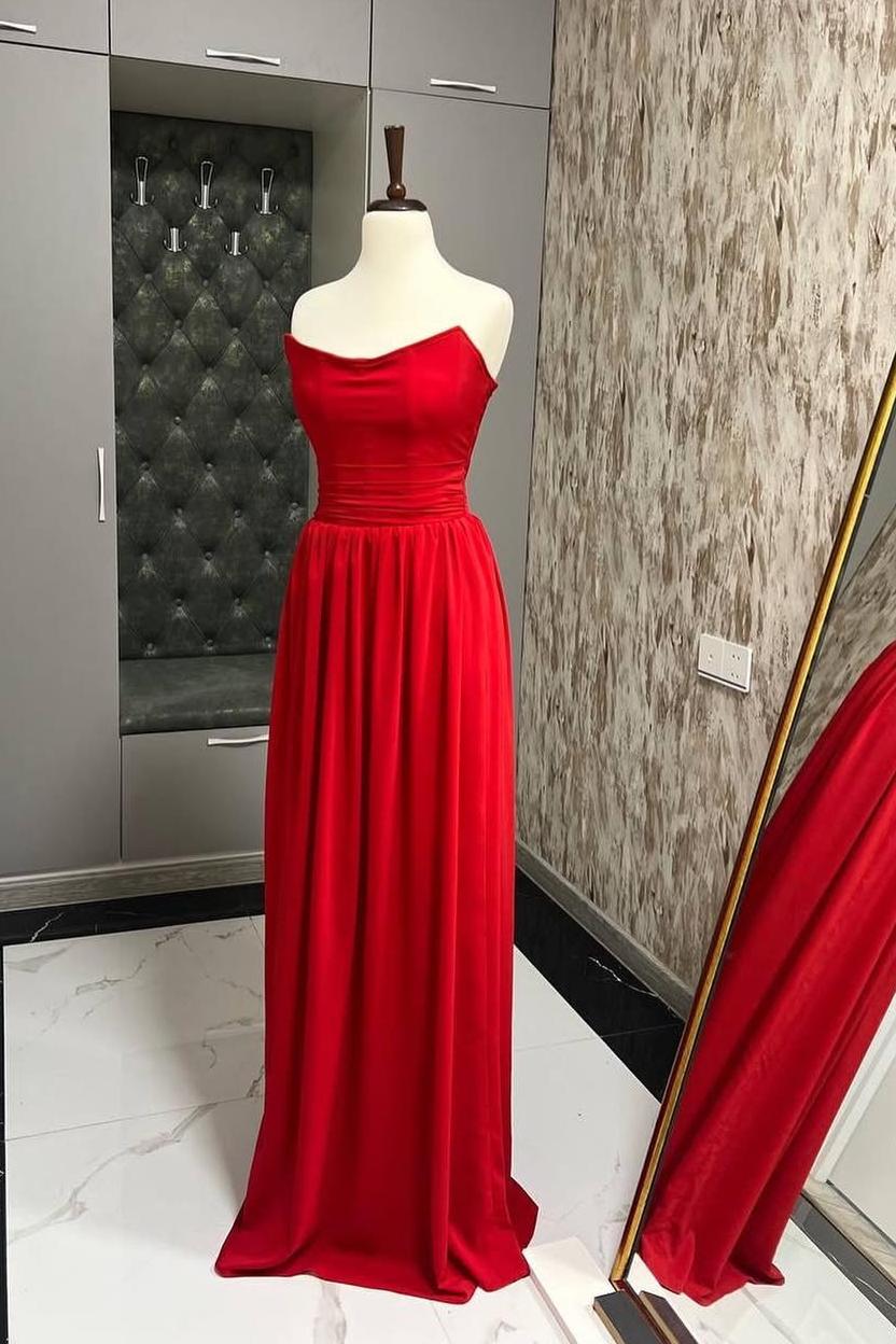 Oknass Stunning Red Sleeveless Strapless Long Prom Dress With Pleated