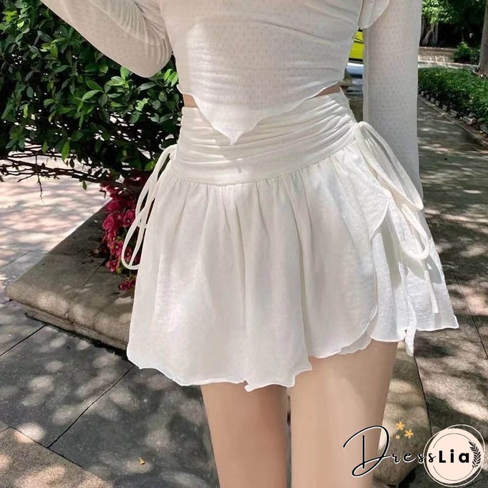 White fluffy mini skirt women kawaii drawstring pleated a-line short cute high waist