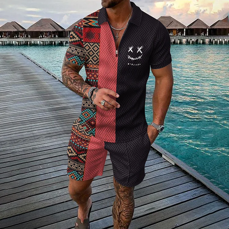 BrosWear Two Tone Ethnic Smiley Face Short Sleeve Polo Shirt And Shorts Co-Ord