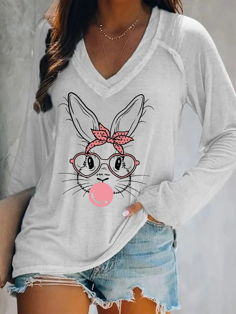 Cute Bunny Rabbit With Glasses Bubblegum V-neck Casual Sweatshirt