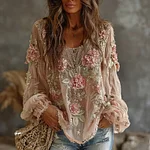 Women's Romantic Floral Embroidered Art Print Flowy Linen Blend Casual Tops - Image 2