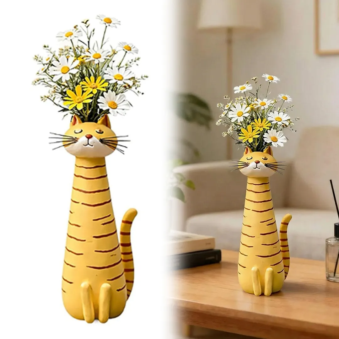 Handcrafted Quirky Cat Vase Modern Whimsical Resin Cat Flower Vase Creative Ornament for Living Room Office Study Home Decoration